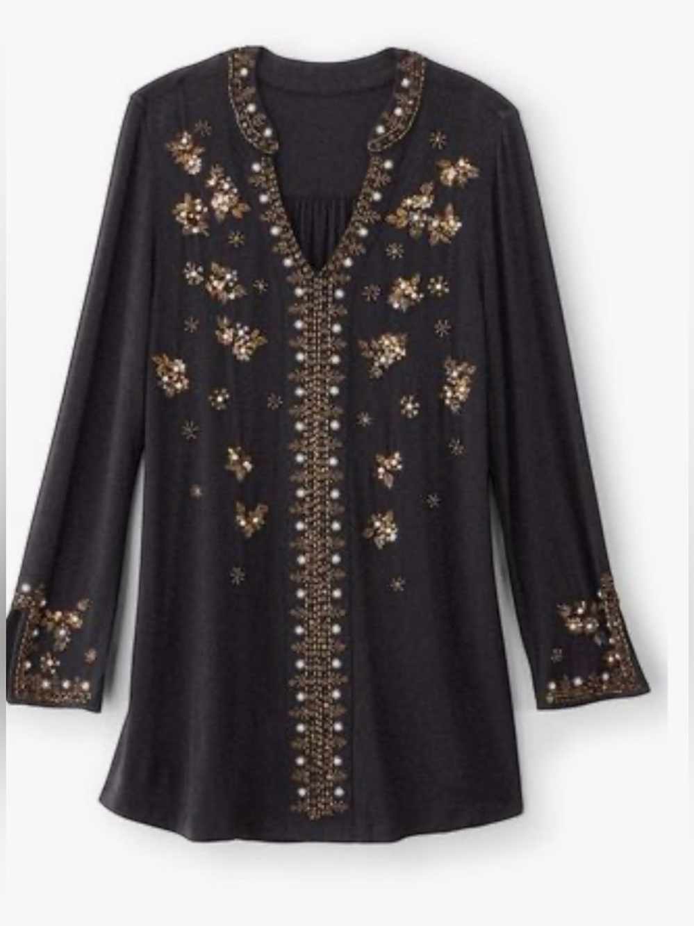 Soft Surroundings Festa Beaded Tunic Black
Sz M Embellished Boho Festival V Neck